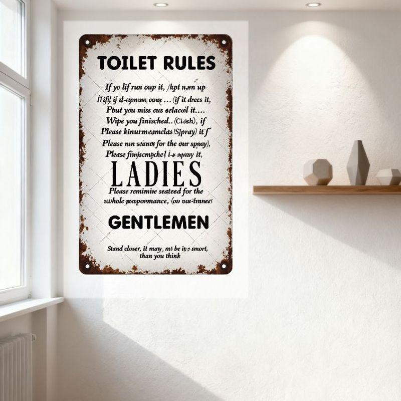 Vintage Toilet Rules Metal Tin Sign, Ladies & Gentlemen Rustic Distressed Wall Decor for Home Bar Cafe Man Cave, Weathered Recta