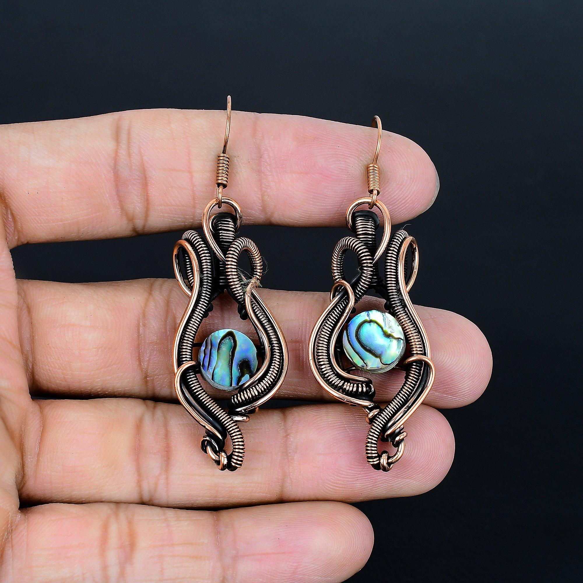 

Серьги-подвески из раковины абалона с обмоткой из медной проволоки 999 пробы, ювелирные изделия с драгоценными камнями ручной работы, подарки для жены, совершенно новые серьги 2.48 Inches