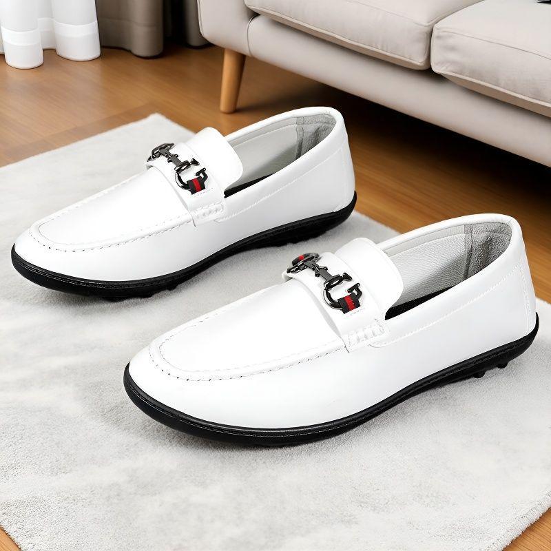 Casual Leather Shoes Men's Spring, Summer and Autumn Lightweight Soft Leather Black White Beanie Shoes