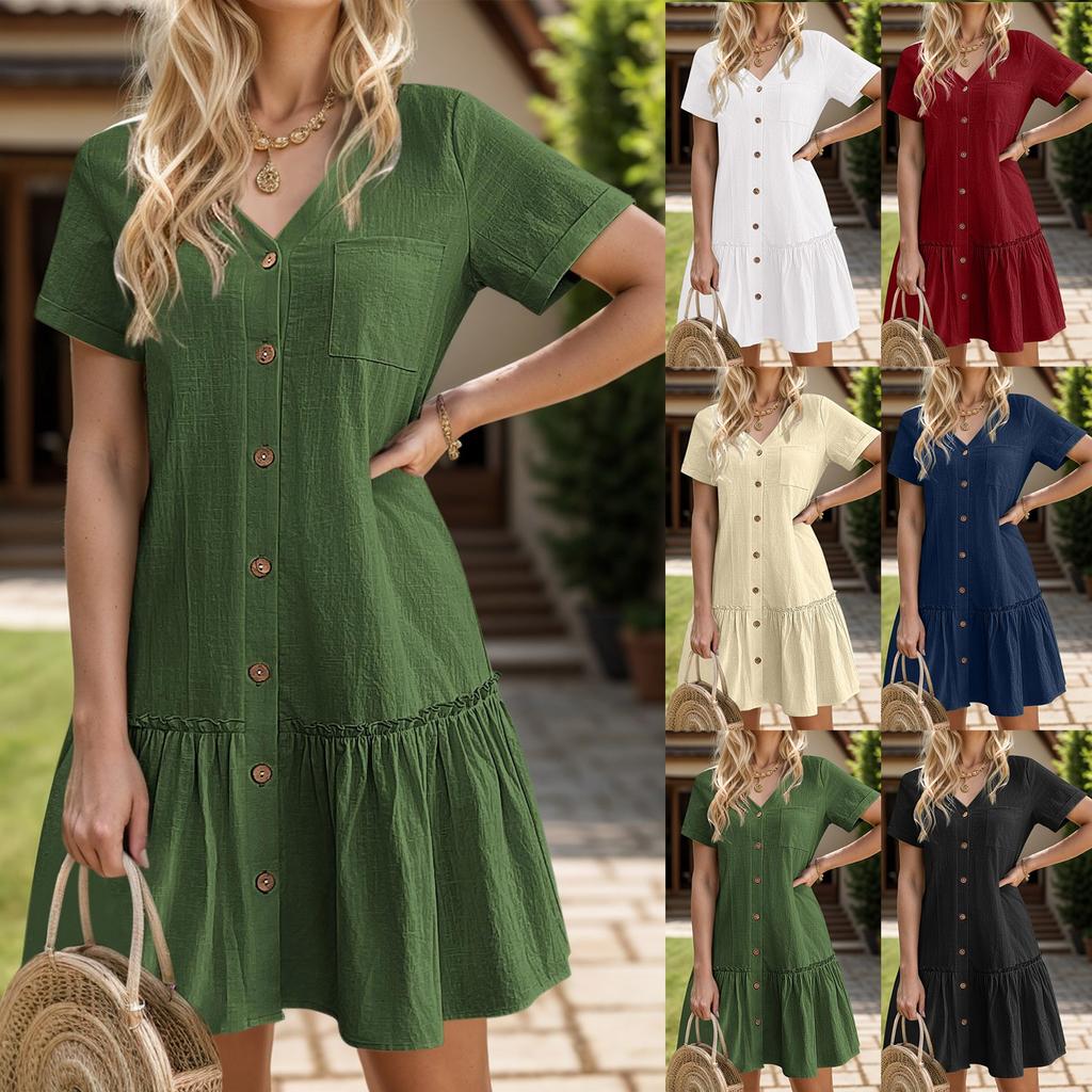 Female Dresses Outfits Women Button Down Dress Loose Summer Cotton Linen Shirt Dress Ruffle Casual Tunic Dress