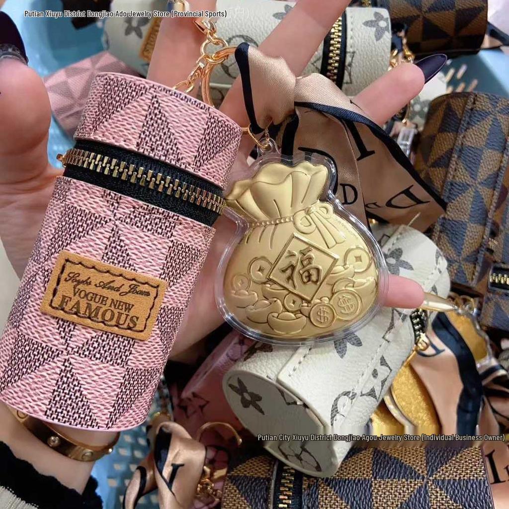 999 Pure Gold Fu Character Keychain: Vintage Flower Bag Charm & Cartoon Ornament Gift