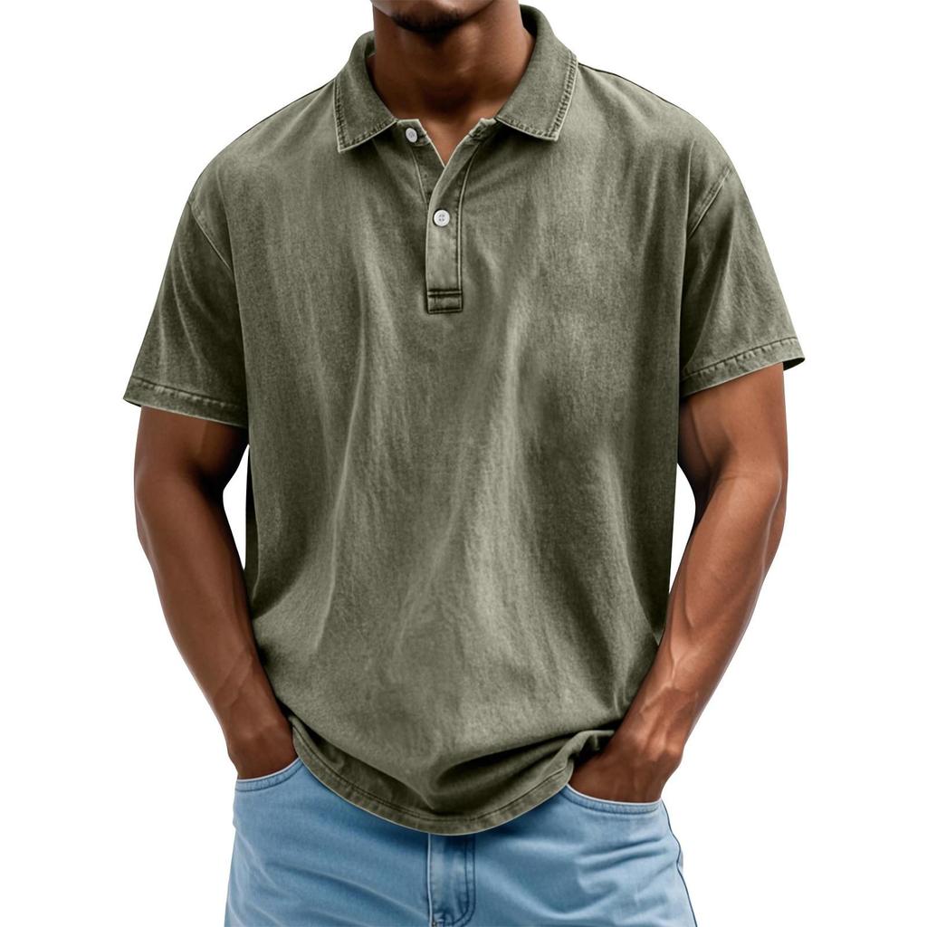 Men's Summer Solid Color Button Lapel Loose Short Sleeve Top