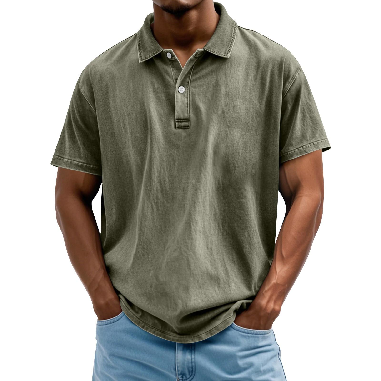 

Men s Summer Solid Color Button Lapel Loose Short Sleeve Top XL зелений
