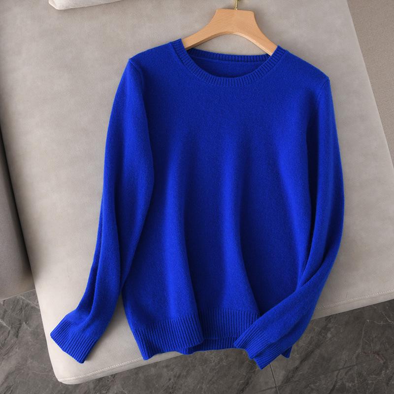 Dámský 100% vlněný pletený svetr s kulatým výstřihem a dlouhým rukávem – Jednobarevný pro podzim a zimu