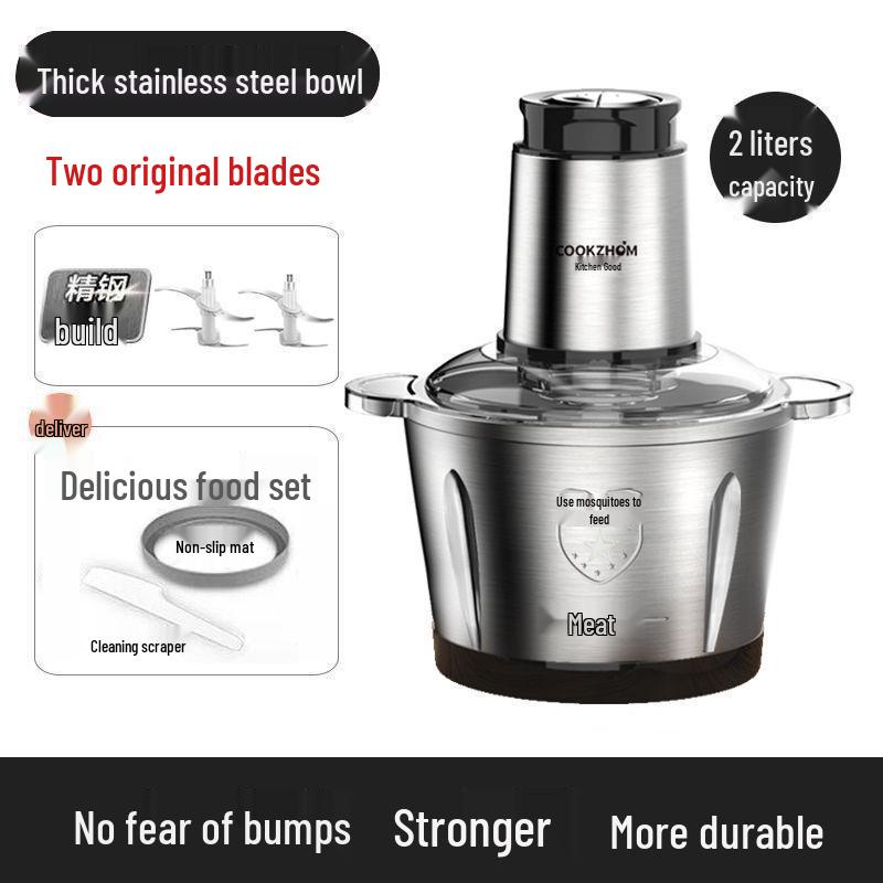 Moedor e Processador de Alimentos Elétrico Multifuncional de Aço Inoxidável para Picar, Misturar e Moer Carne, Alho e Vegetais.