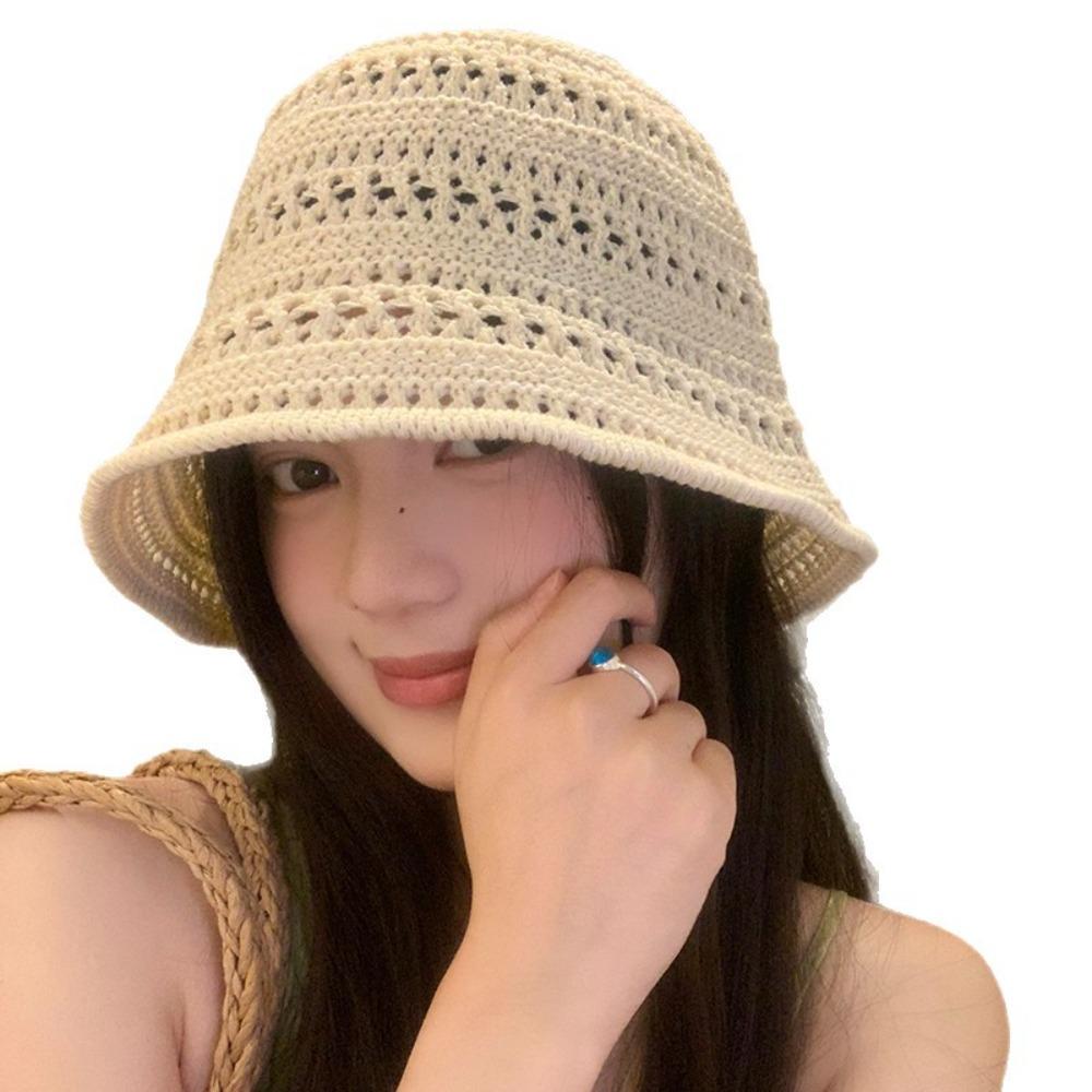 Solid Knit Hollow Out Bucket Hat Women Spring Summer Breathable UV Sun Protection Fisherman Hat