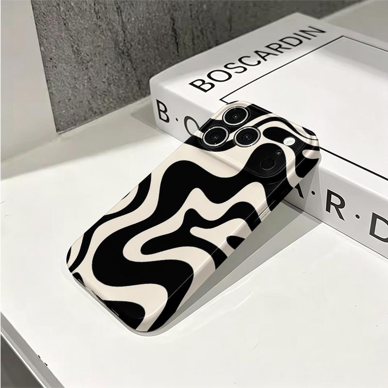 Fluid Monochrome Black Cream Abstract Swirl Graphic Film Aesthetic Protective Shockproof Bumper Phone Case Cover For iPhone 14 15 16 Pro Max Plus