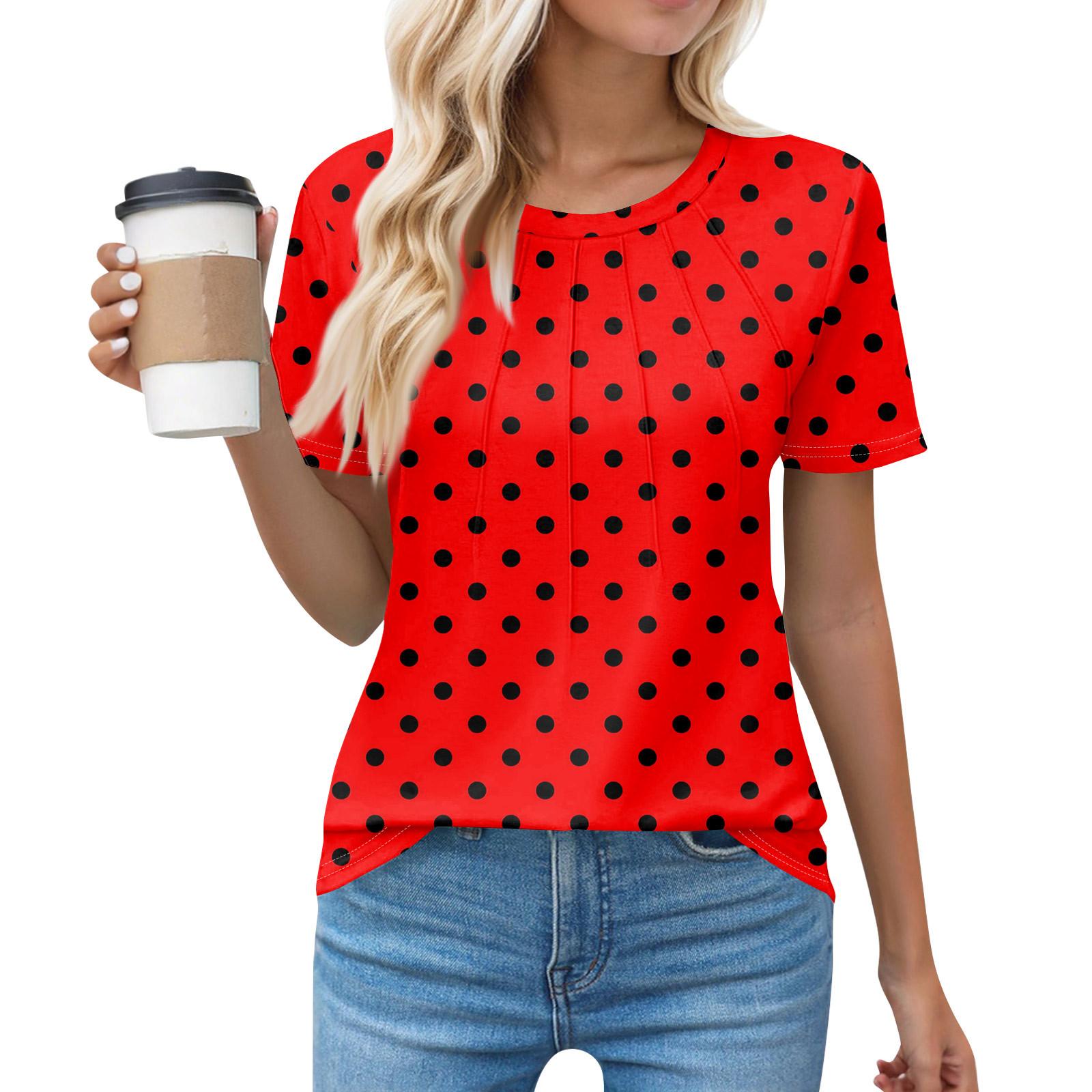 

Футболки для женщин, плиссированные, с круглым вырезом, нарядные, повседневные, блузки с принтом, с коротким рукавом, летние топы, свободный крой XL красный