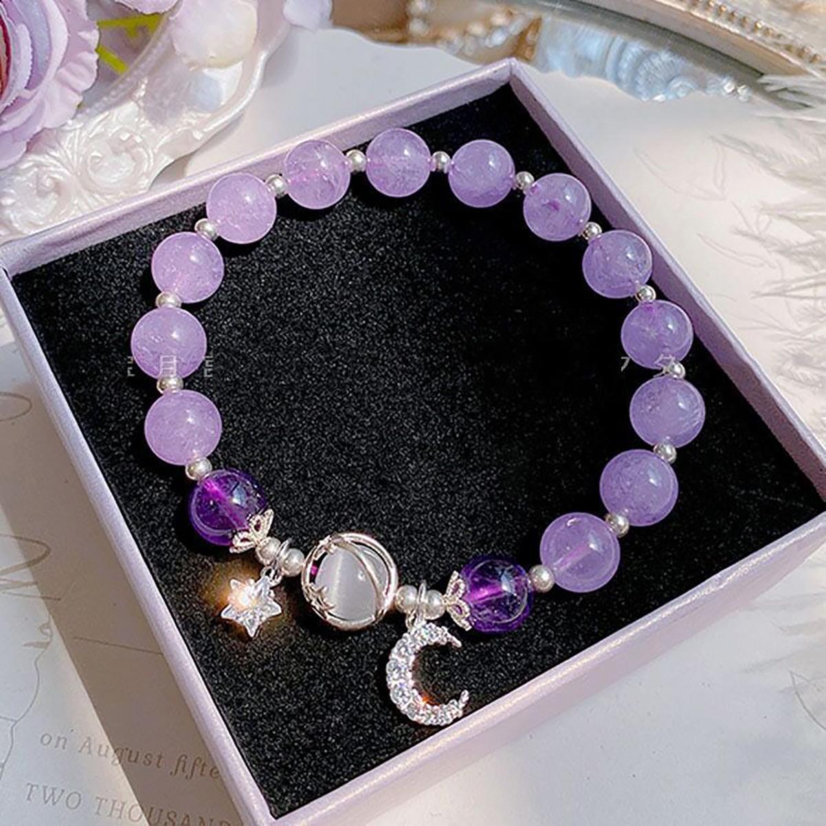 Blauw Paarse Steen Armband Voor Vrouwen Meisjes Glanzende Kristallen Armbanden Maan Ster Hanger Armbanden Polsband Sieraden gray