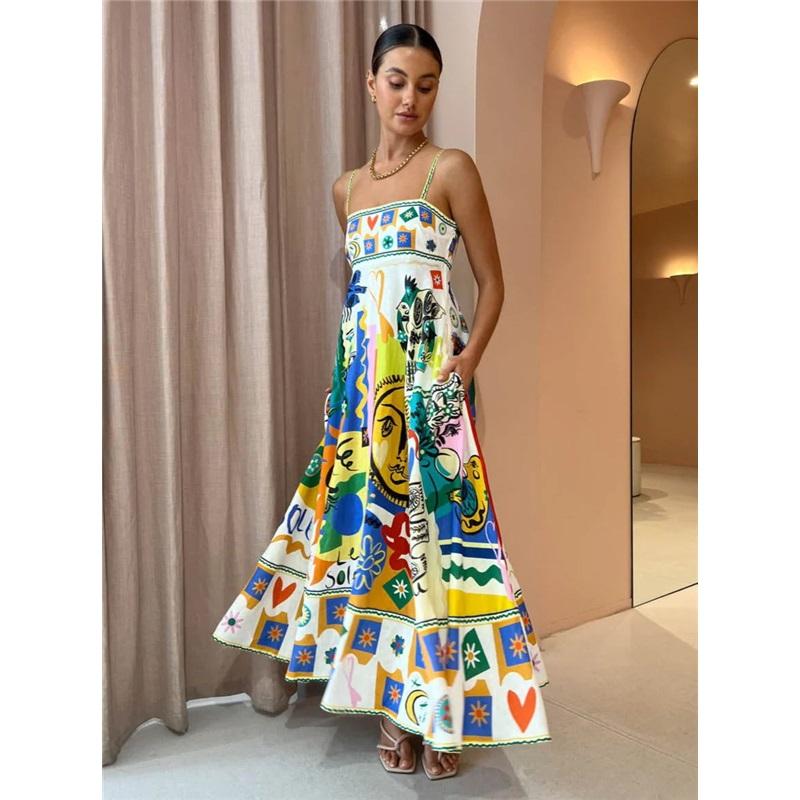 Women's Long Linen Printed Halter Dress 9 Colour Big Swing Dresses