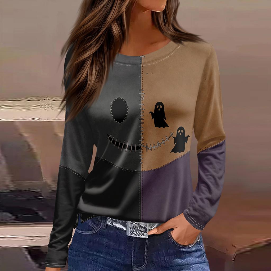 Women's Halloween Print Long Sleeve Round Neck Casual Top with Side Slit
