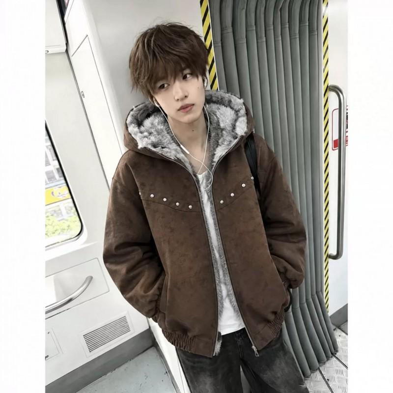 Mens Rivet PU Padded Hooded Winter Thick Warm Loose Casual Coat
