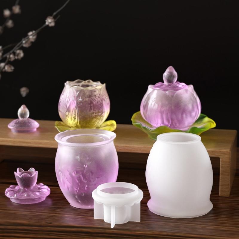 Lotuses Flower Storage Jar Mold Epoxy Resin Mould for Concrete Planter and Pen Organizers Jewelry Making Supplies