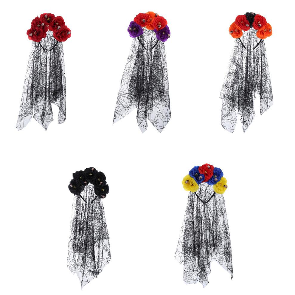 Gothic Flower Hairband with Veil for Women-orange Red Purple
