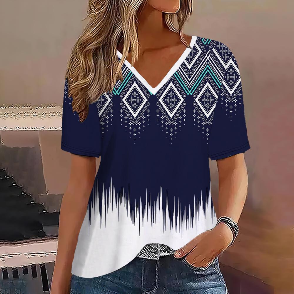 Women's T-shirt Summer V-neck Short-sleeved Striped Graphic Printing Outdoor Casual Pullover Women's T-shirt