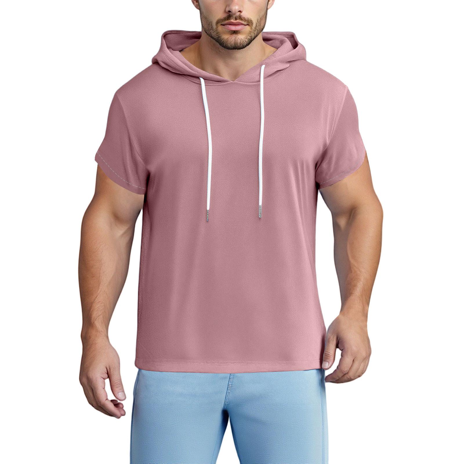 

Летняя мужская футболка с капюшоном и короткими рукавами, свободная повседневная толстовка XXL розовый