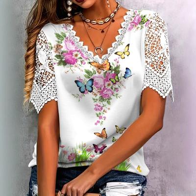 Elegant Lace Stitching Fashion Ladies Color Flower Butterfly Flower Print Short-sleeved T-shirt V-neck Hollow Short-sleeved Top Women 8864