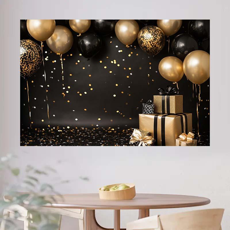 Ein schwarz-goldener kombinierter Feierhintergrund, begleitet von Luftballons, Konfetti und Geschenkboxen - geeignet für Geburtstage