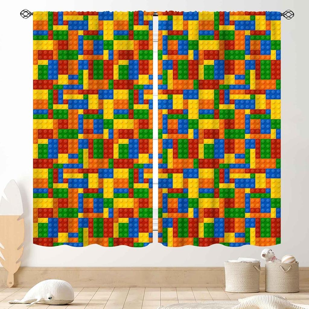 Kids Boys Curtains For Bedroom,Colorful Building Blocks Toys Plastic Brick Toy Pattern Abstract Contour Printed Blackout Drapes