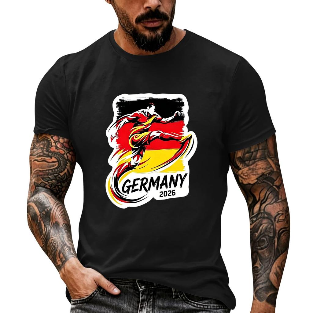 Short Sleeve Casual T Shirt with Graphic Print Soccer Player Illustration and Text Germany 2026 Soft Comfortable Fit for Everyday Wear