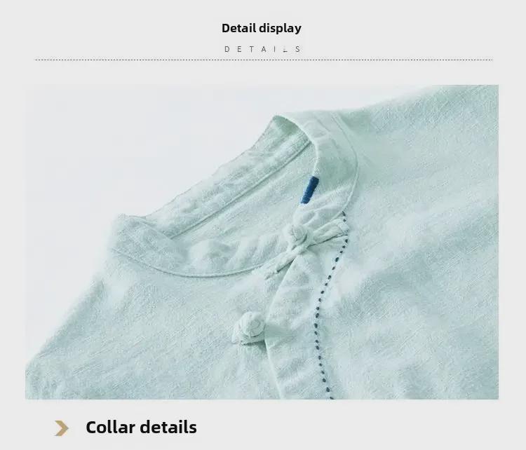 Damska bluzka z bawełny i lnu w stylu retro z długim rękawem: Wiosna/Lato, Krój Slim Fit, Stójka/Asymetryczny Kołnierz