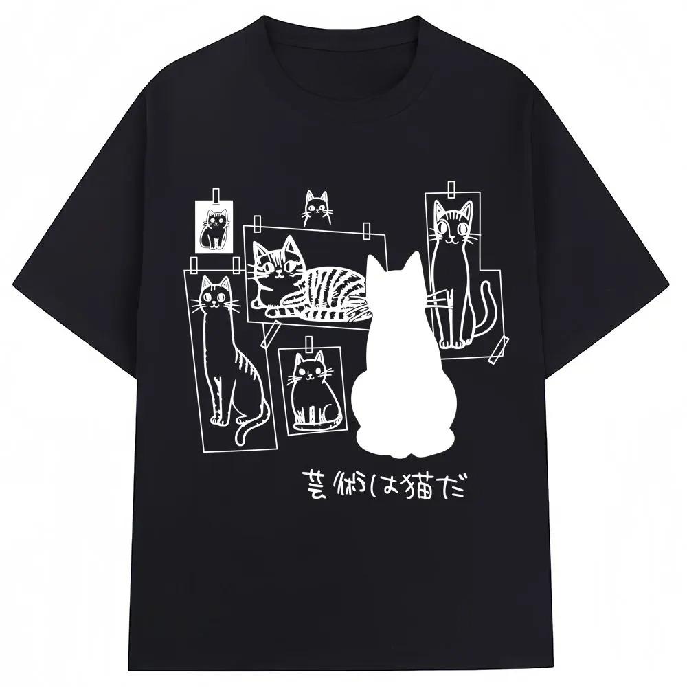 Women Summer Japanese Style Funny Black Cat Anime Print Fashion Vintage Harajuku Casual O Neck Short Sleeve Tee Tops