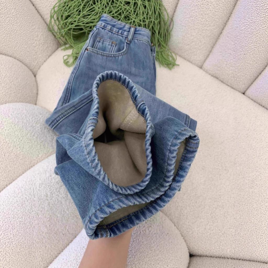 Women's High Waist Straight Leg Jeans Loose Wide Leg Fleece Lined Vintage Washed Denim Pants Winter Casual Trousers