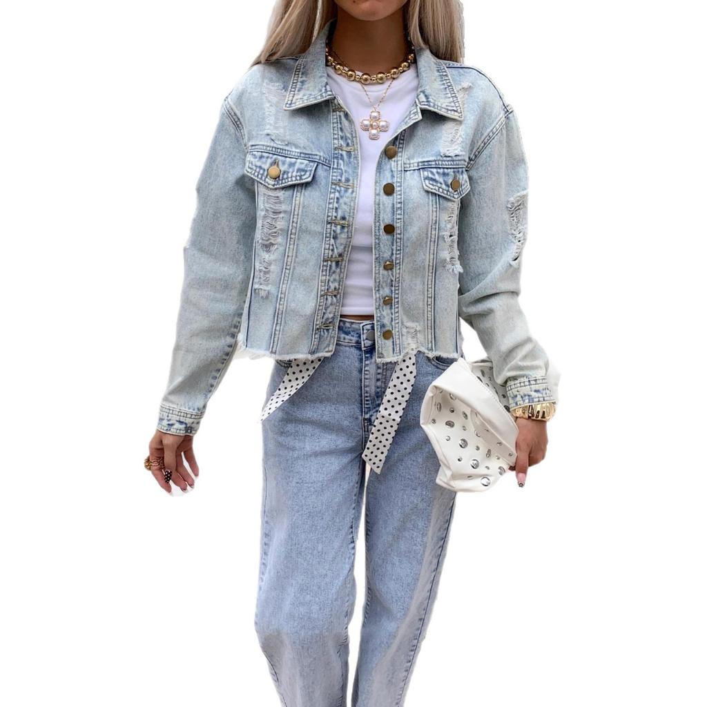 2026 Spring/Summer Women's Button Washed Ripped Raw Edge Denim Top