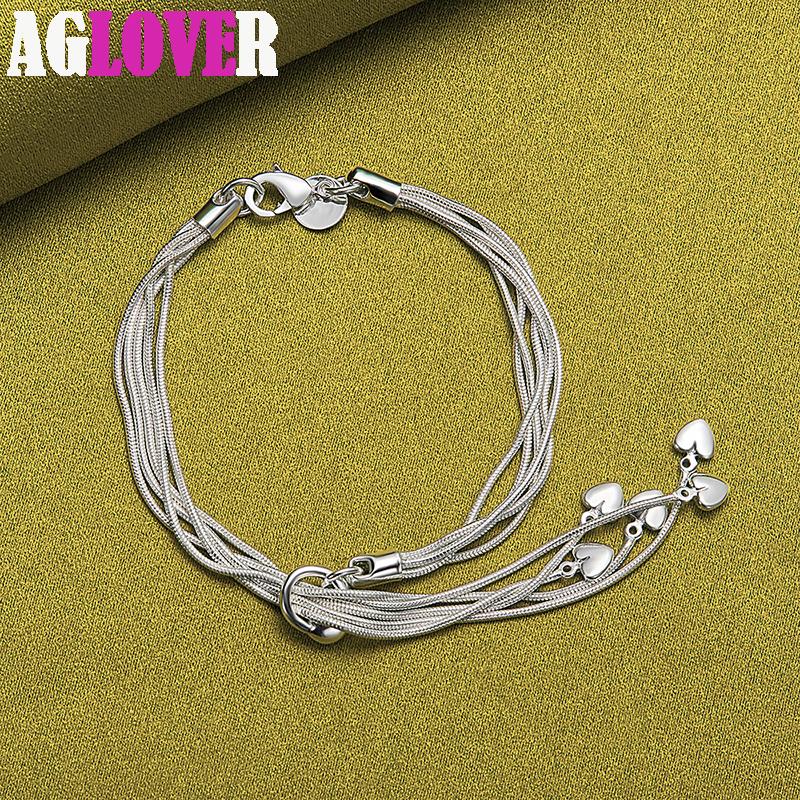925 Sterling Silver Tassel Love Five Heart Snake Chain Bracelet Jewelry