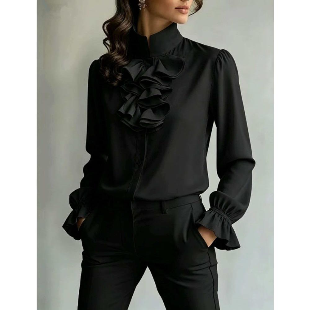 Spring and Autumn New Temperament Commuting Loose Stand-up Collar Solid Color Ruffle Edge Women's Shirt