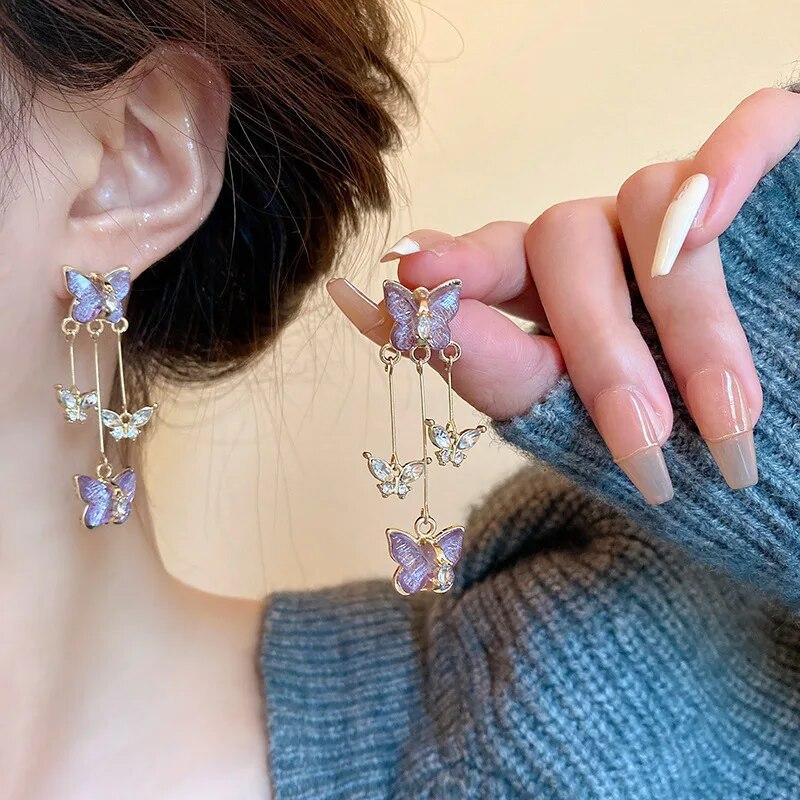 Luxury Purple Butterfly Long Tassel Earrings Ladies Brincos Trendy Crystal Dangle Drop Earrings Girls Party Jewelry Accessories Gift