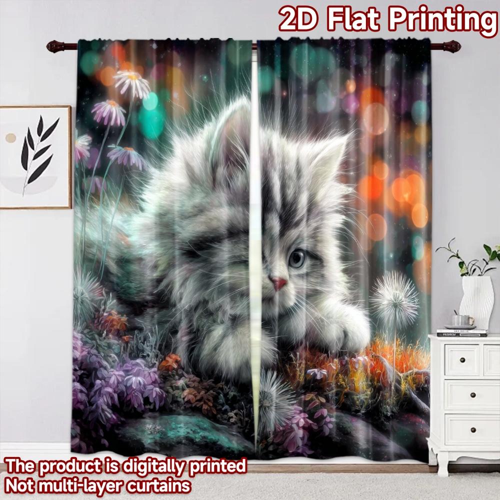 2D Flat Printing 2pcs Curtain Curtains Dreamy Kitten with Flowers Digital Printed Polyester Drapes Festive Wall Decor for New