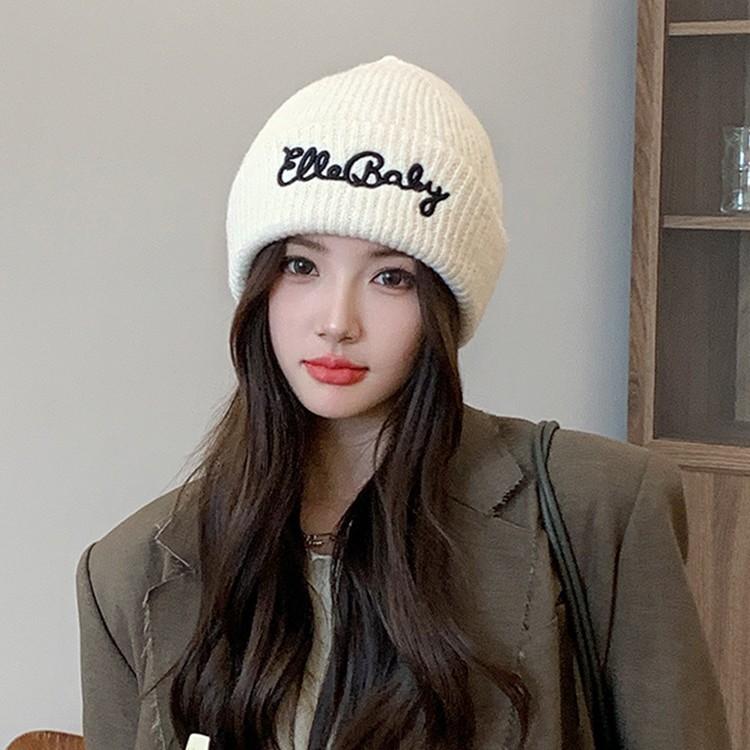 Thick Knitted Hat for Women in Autumn and Winter New Style Simple Versatile Letter Big Head Circumference Showing Face Small Woolen Ski Hat