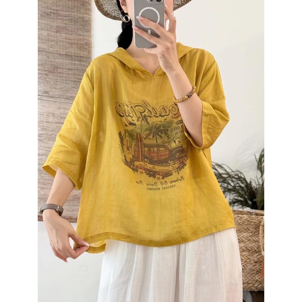 

DIMANAF 2025 Женская льняная футболка шляпа летняя рубашка блузка с коротким рукавом модные топы футболки свободные футболки новые One Size жёлтый