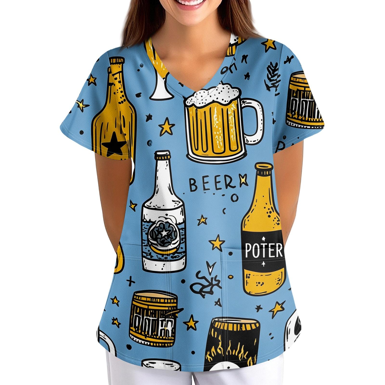 Women s Loose Fit V Neck Short Sleeve Medical Scrub Top with Pocket Beer Festival Print Comfortable Work Uniform for Nurses Caregivers XXXXL синий