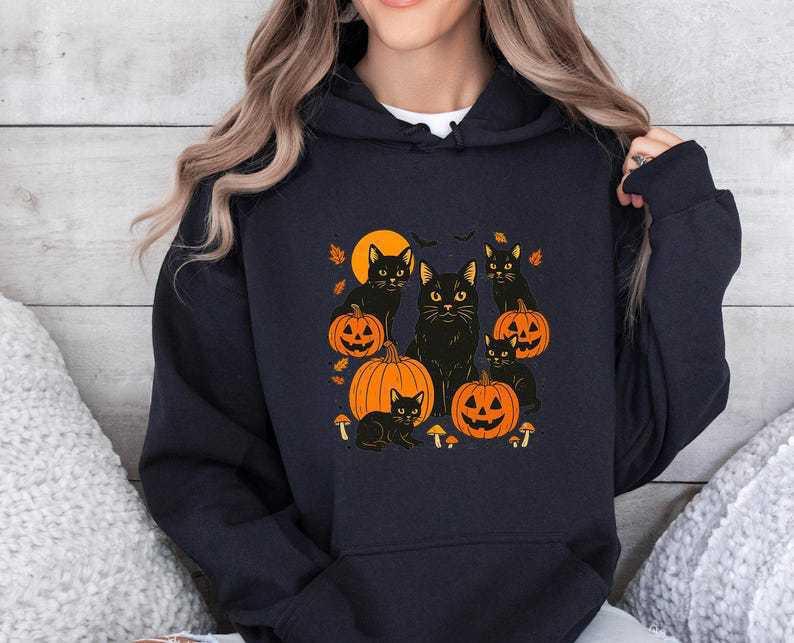 Black Cat Print Hooded Sweatshirt - Women's Fashion Long Sleeve for Autumn/Winter