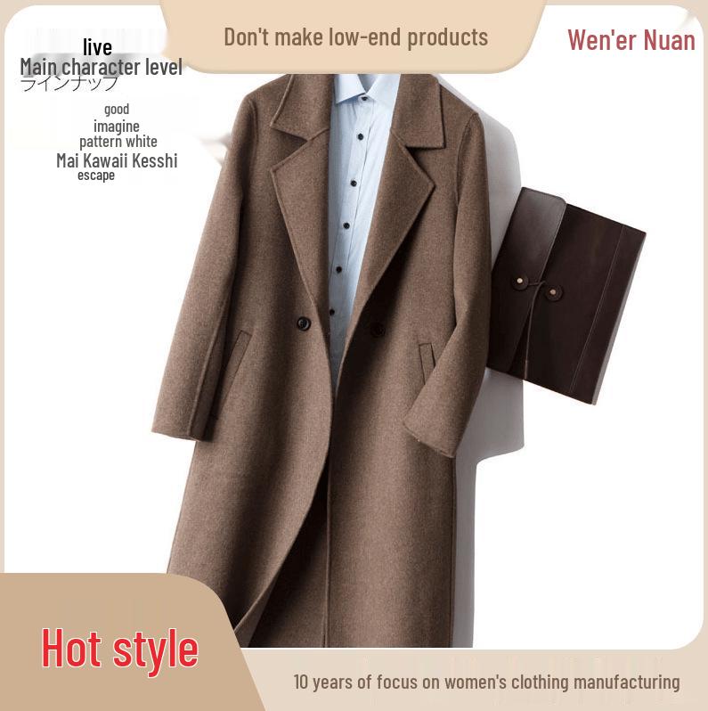 Men's Mid-Length Double-Faced Wool Cashmere Overcoat with Suit Collar