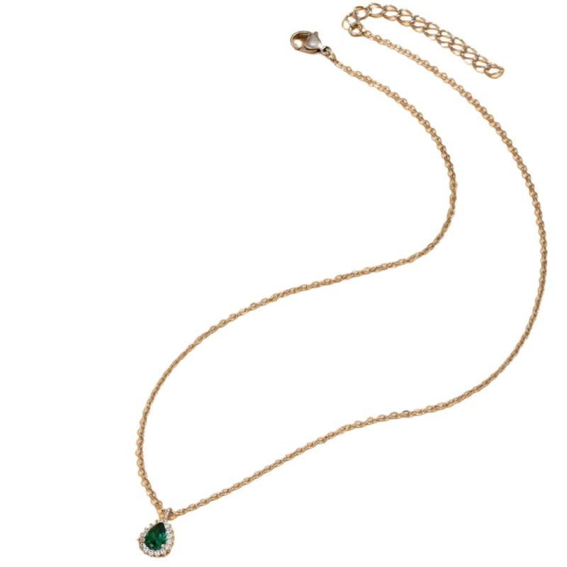 Exquisite Green Teardrop Synthetic Zircon Inlaid Necklace, Gold Tone Fashion Accessory Gift for Women