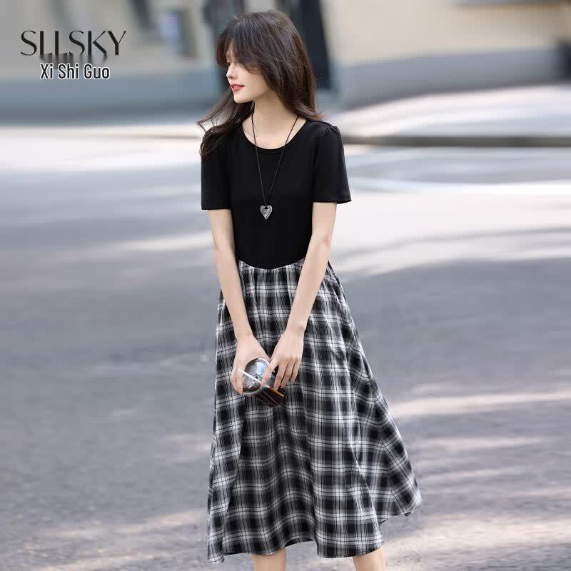 sllsky Women s Retro Plaid Faux Two-Piece Dress L