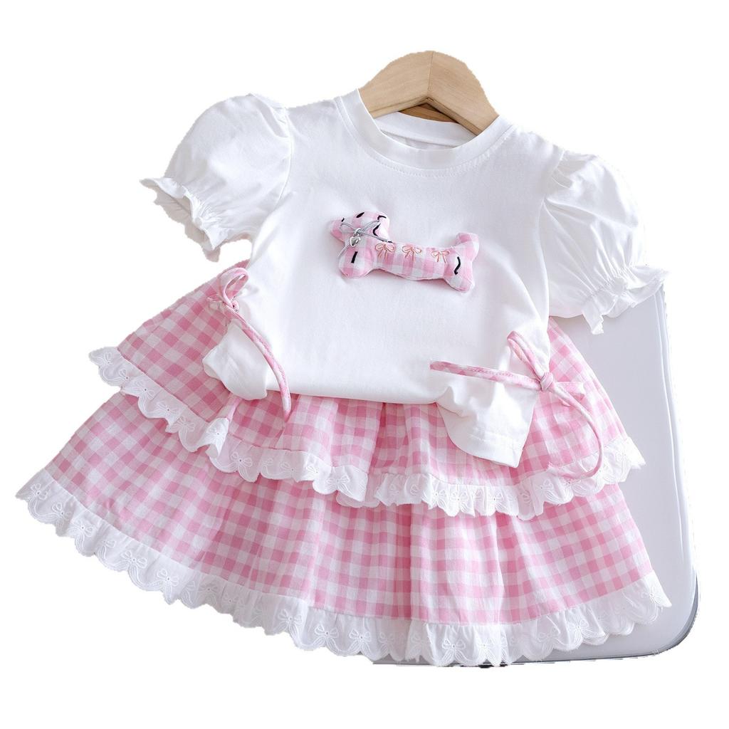 Girls Summer Sweet Princess Outfit 3D Puppy Short Sleeve Top With Pink Plaid Tiered Skirt Two Piece Set
