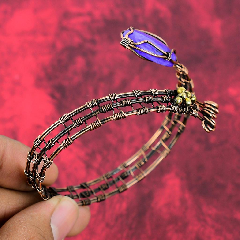 Charoite Bangle Gemstone Cuff Bracelet Copper Wire Wrapped Bangle Copper Jewelry Adjustable Cuff Bracelet Handmade Jewelry Anniversary Gifts