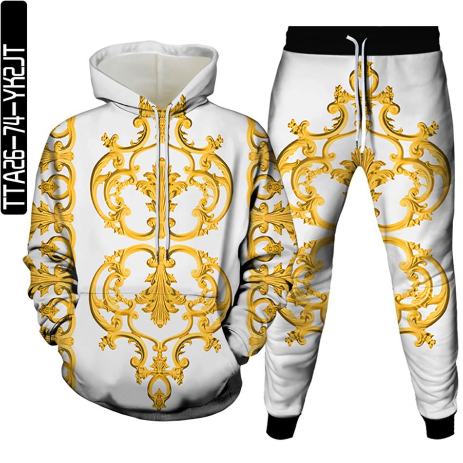 Golden Flowers Male Casual 3D Printed Clothes Sets Luxury Royal Harajuku Autumn Women Hoodies+Trousers 2Pcs Tracksuit Size S-6XL