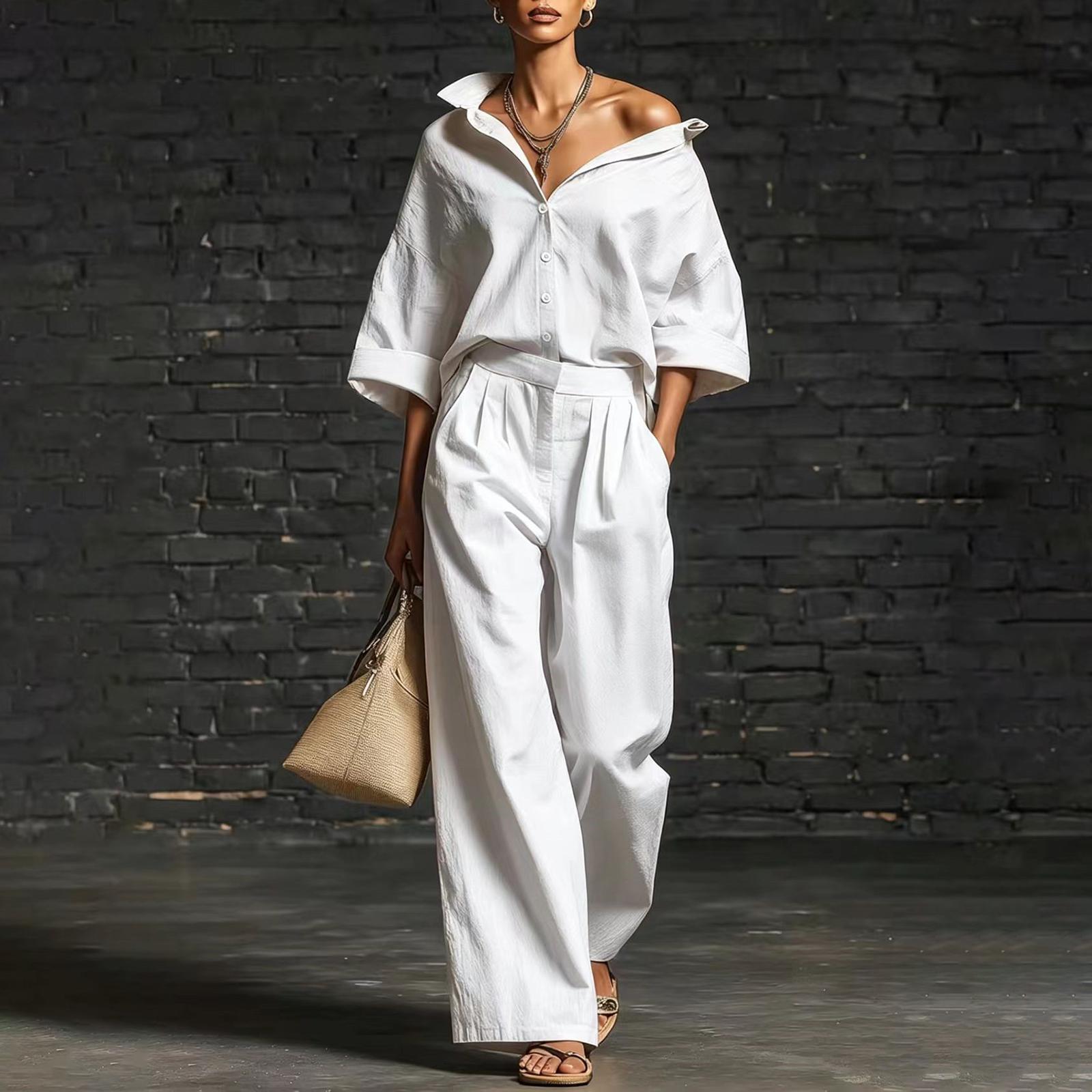 

Loose Fit Long Sleeve Shirt and Wide Leg Pants Two Piece Set Casual Outfit Button Down Top and Elastic Waistband Bottoms L білий