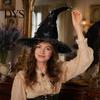 Witch Hat for Halloween Costume Women, Large Glitter Sequins Mesh Wizard Decorative Party Cosplay with Butterfly Accessory, Elegant Curved Brim