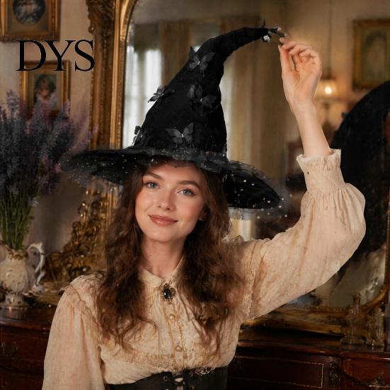 Witch Hat for Halloween Costume Women, Large Glitter Sequins Mesh Wizard Decorative Party Cosplay with Butterfly Accessory, Elegant Curved Brim