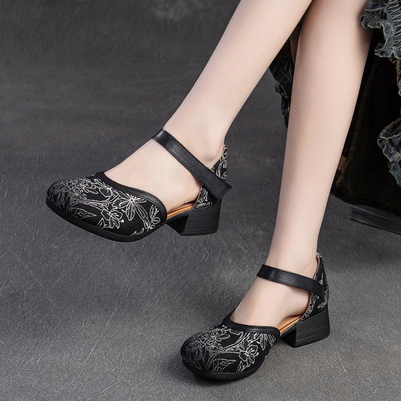 Fashion GKTINOO 2024 New Women Sandals Summer Genuine Leather Print Thick Heels Sandals Retro Style Round Toe Casual High Heel Shoes