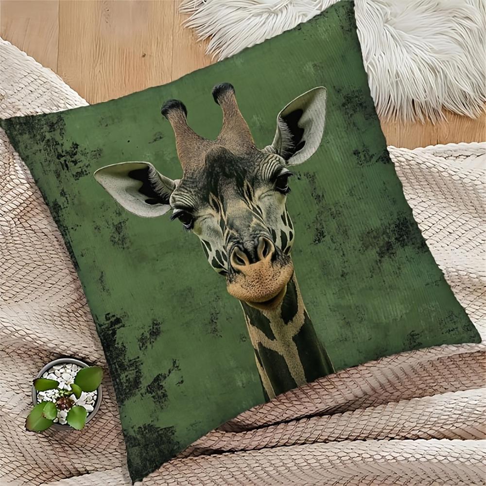 2D Flat- Vintage Giraffe Print Square Throw Pillow Cover Rustic Green Wild Animal Home Decor Cushion Case For