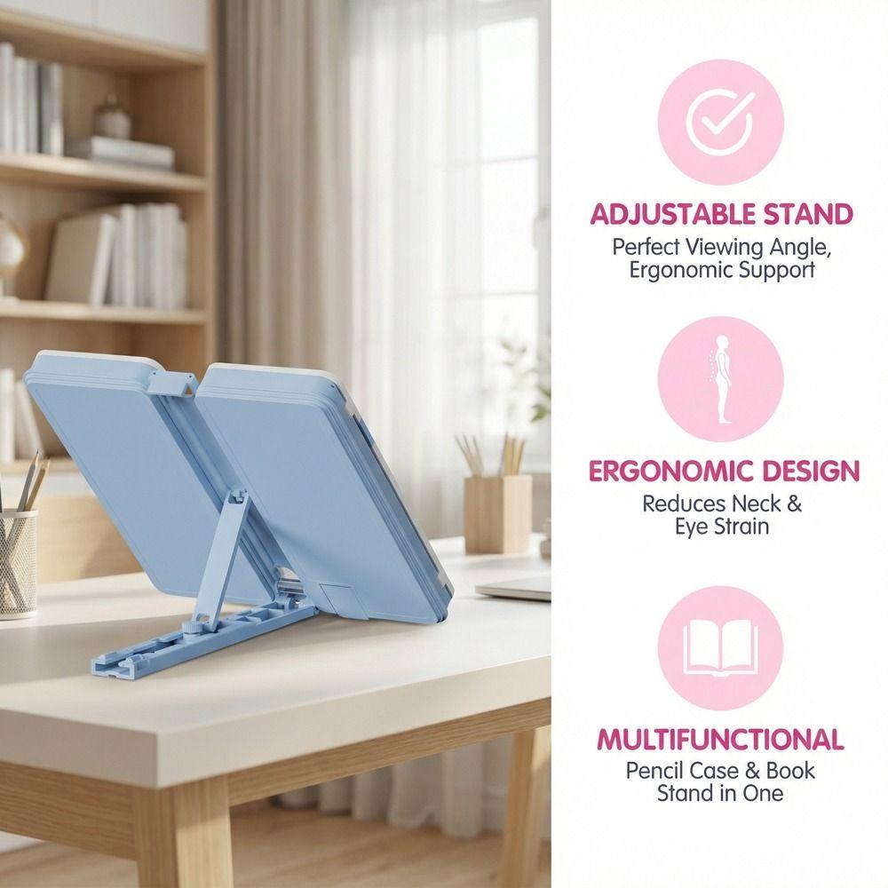 Estantería plegable de doble uso con soporte de lectura ajustable para organizar material de oficina.