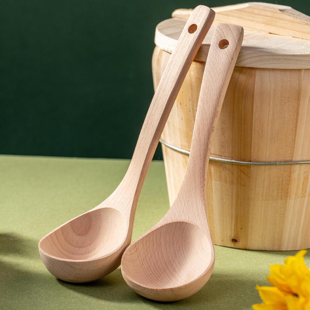 Beech Wood Long Handle Cooking Spatula Set - Unpainted & Unwaxed, Includes Large Porridge & Oil Spoon, Ideal Household Gift