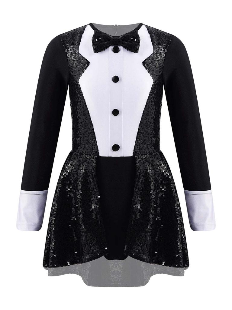 Girls Magician Costume Set Long Sleeve Bow Tie Back Zipper Sequin Leotard Hat Magic Wand Gloves